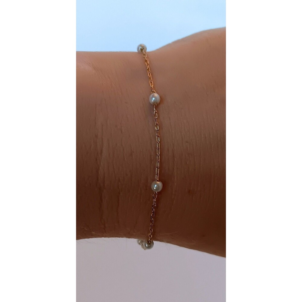Vintage Signed Korea Dainty Goldtone Faux Pearl Station Bracelet 7.5 in